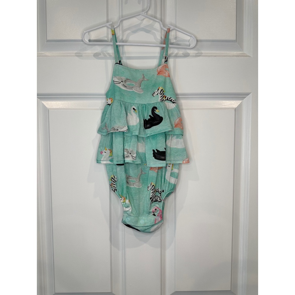 Posh Peanut Size 18-24M Aqua Animal Print Ruffle Layered One-Piece Romper